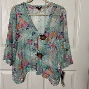 NINA LEONARD Pastel Fishnet Floral Print Cardigan Wooden Button Accents Sz Large